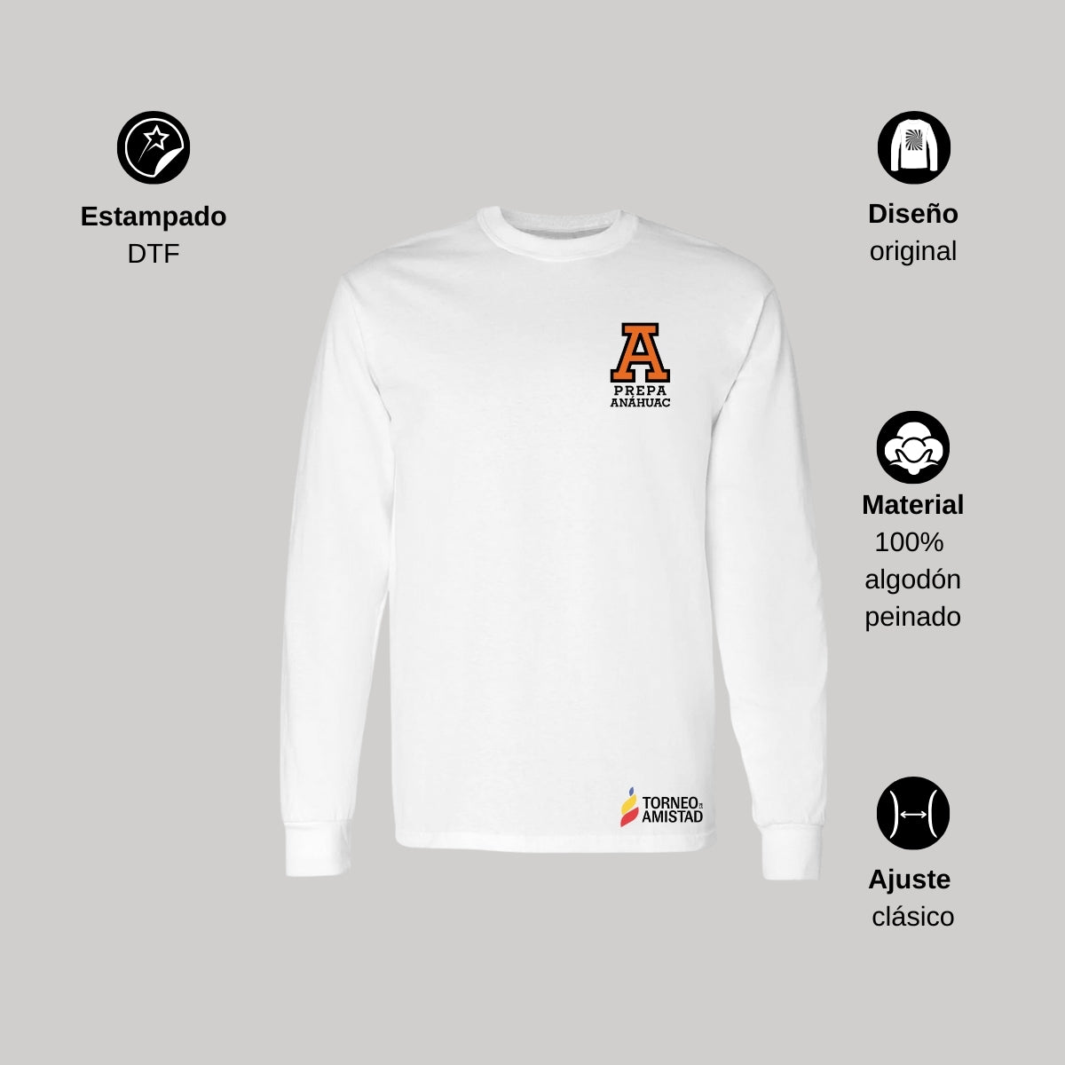 Playera Manga Larga Unisex Algodón Torneo de la Amistad D2E Prepa Anahuac