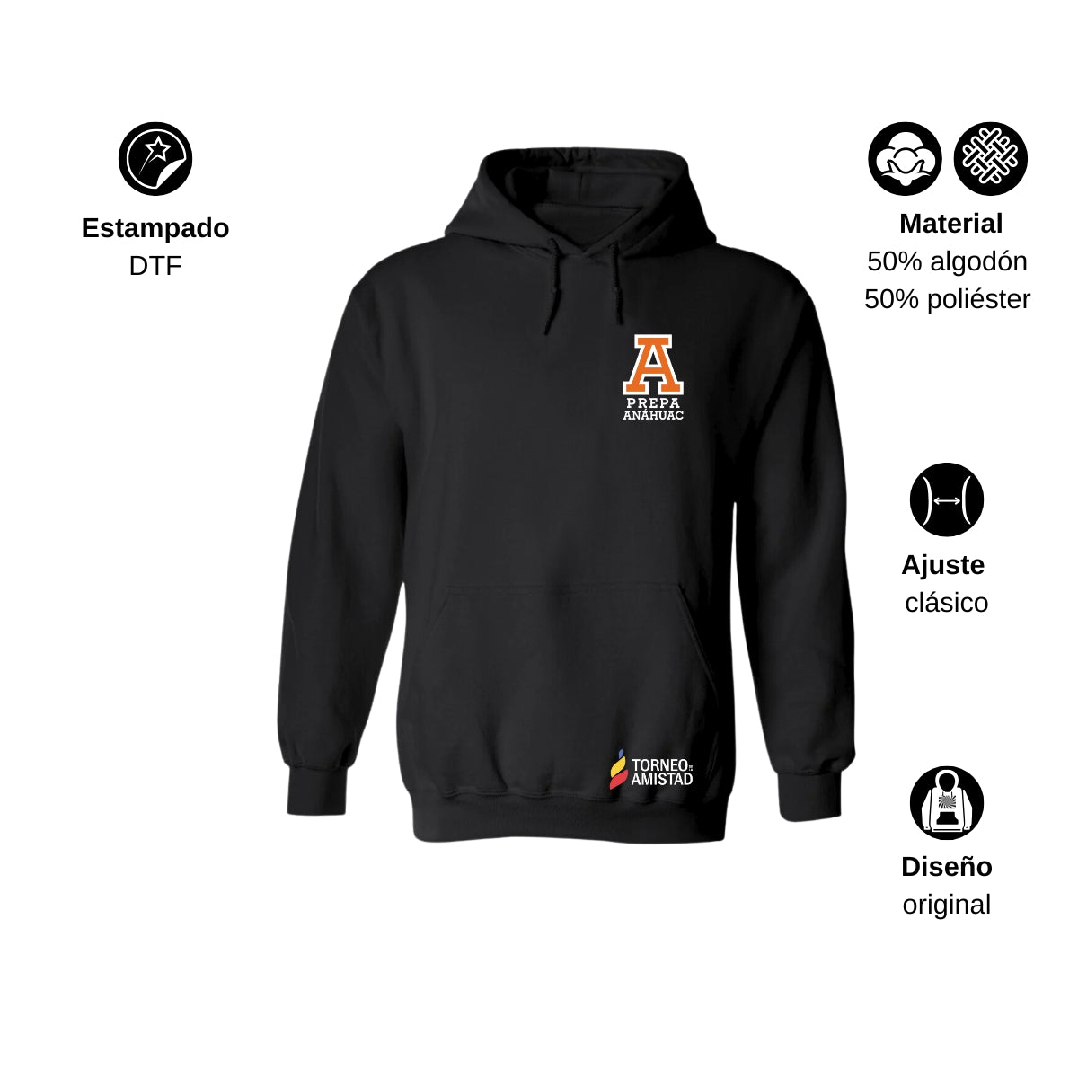 Sudadera Hoodie Unisex Algodón Poliéster Torneo de la Amistad D2E Prepa Anahuac